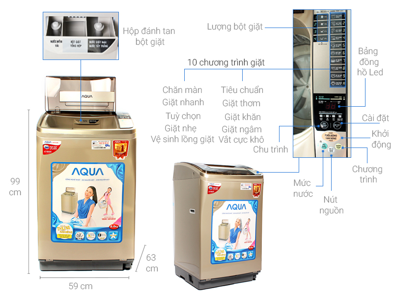 Thông số kỹ thuật Máy giặt AQUA 8 kg AQW-F800AT N