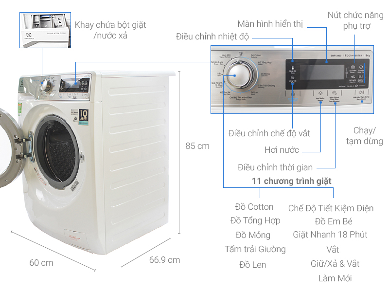 Thông số kỹ thuật Máy giặt Electrolux 9 kg EWF12933