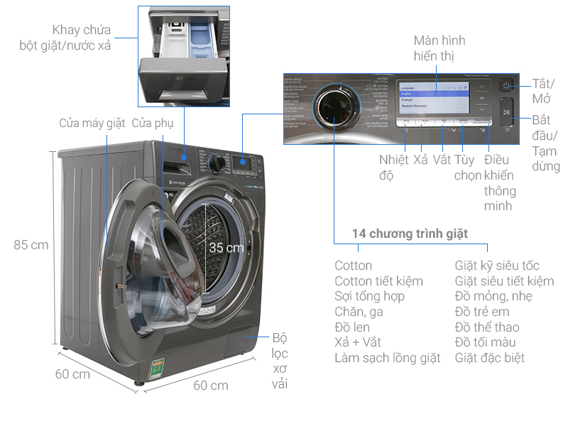 ThÃ´ng sá» ká»¹ thuáº­t MÃ¡y giáº·t Samsung AddWash Inverter 12 Kg WW12K8412OX/SV