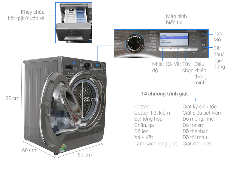 Thông số kỹ thuật Máy giặt Samsung AddWash Inverter 12 Kg WW12K8412OX/SV