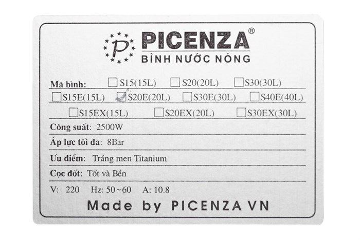 Bình nước nóng ngang Picenza S20 E