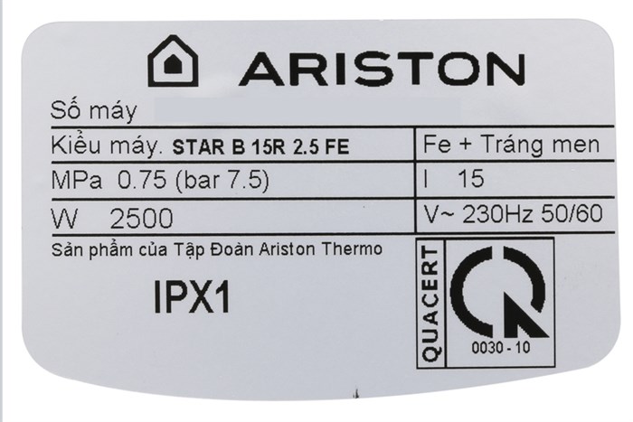 Máy nước nóng Ariston 15 lít STAR B 15 R 2.5 FE Màu Trắng - Xanh