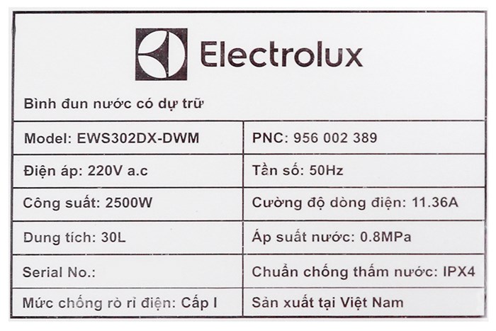 Máy nước nóng gián tiếp Electrolux 30 lít 2500W EWS302DX-DWM Màu Trắng