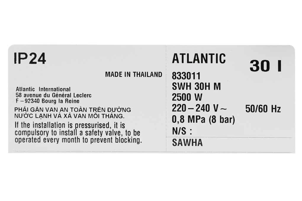 Siêu thị máy nước nóng gián tiếp Atlantic 30 lít 2500W SWH 30H M Ondeo HZ