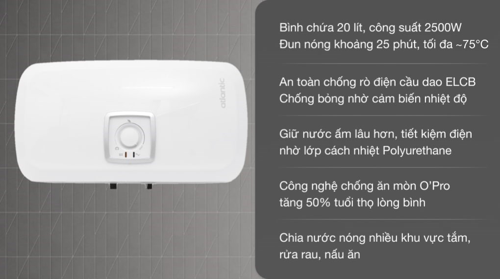 Máy nước nóng gián tiếp Atlantic 20 lít 2500W SWH 20H M Ondeo HZ