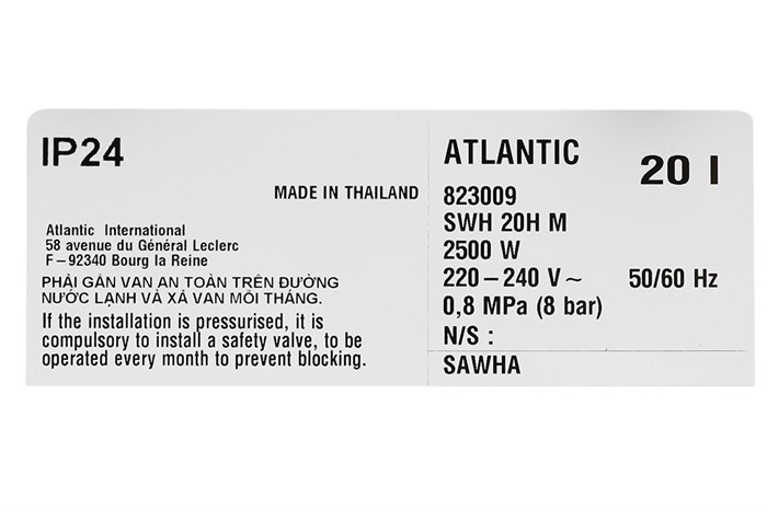 Máy nước nóng gián tiếp Atlantic 20 lít 2500W SWH 20H M Ondeo HZ Màu Trắng