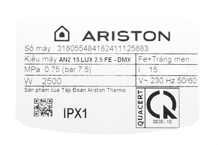 Máy nước nóng gián tiếp Ariston 15 lít 2500W AN2 15 LUX 2.5 FE Màu Xám