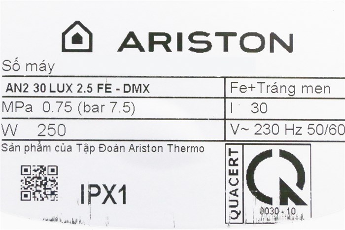Máy nước nóng gián tiếp Ariston 30 lít 2500W AN2 30 LUX 2.5 FE Màu Xám