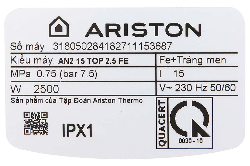 Bình nóng lạnh Ariston 15 lít AN2 15 TOP 2.5 FE - 19