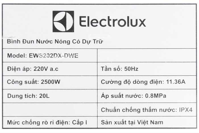 Máy nước nóng gián tiếp Electrolux 20 lít 2500W EWS202DX-DWE Màu Trắng