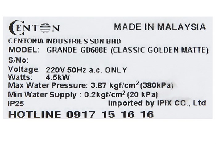 Máy nước nóng trực tiếp Centon 4500W GD600E Màu Đen - Vàng đồng