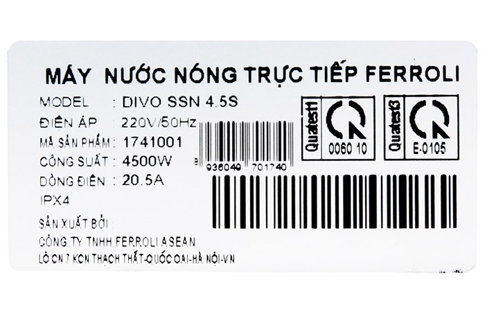Máy nước nóng trực tiếp Ferroli 4500W Divo SSN 4.5S Màu Trắng