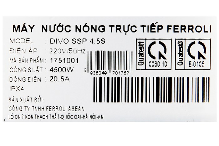 Máy nước nóng trực tiếp Ferroli 4500W Divo SSP 4.5S Màu Trắng
