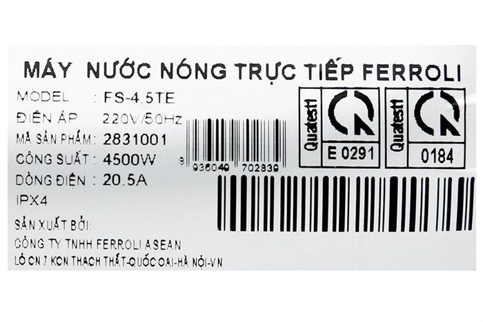 Máy nước nóng trực tiếp Ferroli 4500W FS - 4.5TE Màu Trắng