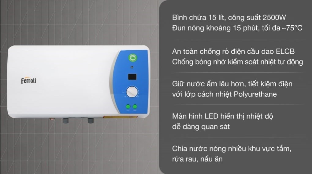 Máy nước nóng gián tiếp Ferroli 15 lít 2500W Verdi AE
