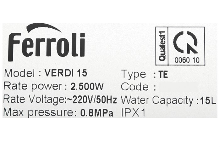 Máy nước nóng gián tiếp Ferroli 15 lít 2500W Verdi TE Màu Trắng