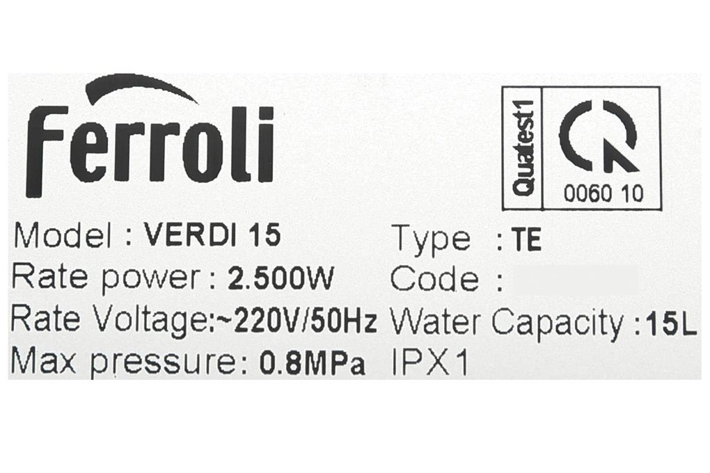 Máy nước nóng gián tiếp Ferroli 15 lít 2500W Verdi TE Màu Trắng