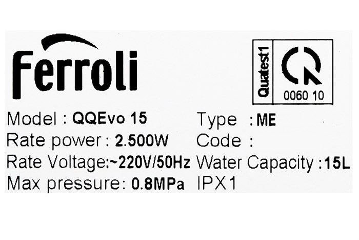 Máy nước nóng gián tiếp Ferroli 15 lít 2500W QQ Evo ME Màu Trắng