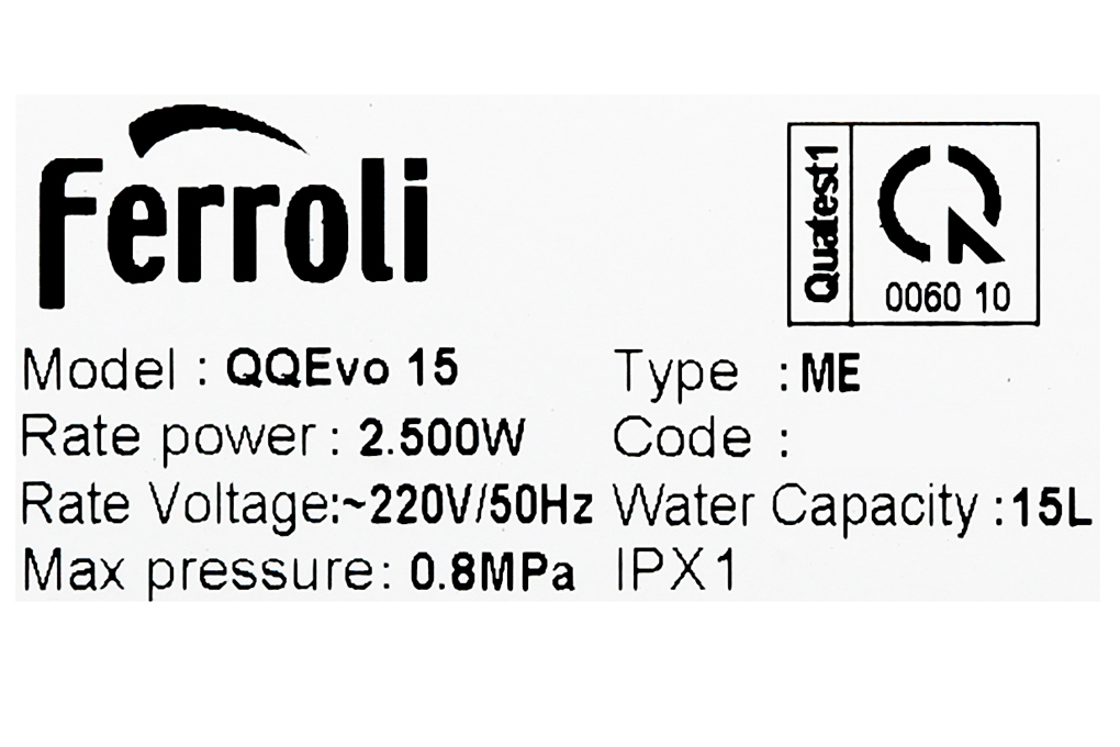 Máy nước nóng gián tiếp Ferroli 15 lít 2500W QQ Evo ME Màu Trắng