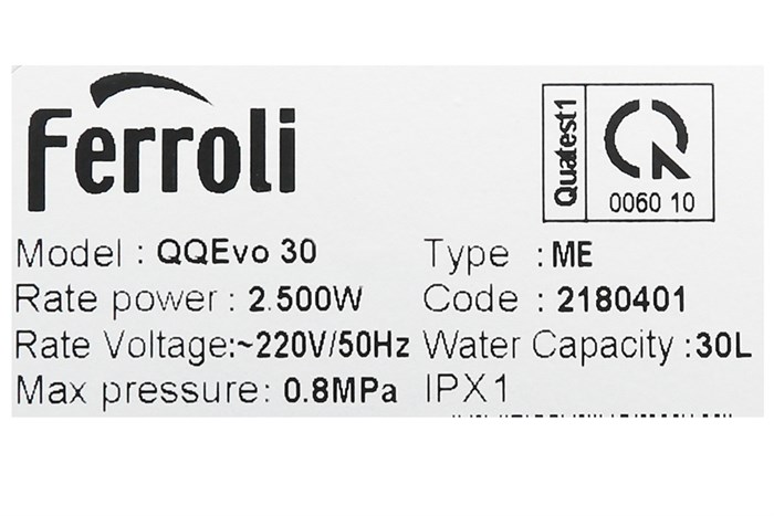 Máy nước nóng gián tiếp Ferroli 30 lít 2500W QQ Evo ME Màu Trắng