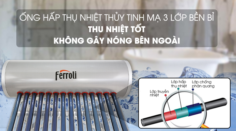 Máy nước nóng Ferroli ECOSUN 180CK 180 lít  - Ống hấp thụ nhiệt làm bằng thủy tinh mạ 3 lớp bền bỉ, thu nhiệt tốt