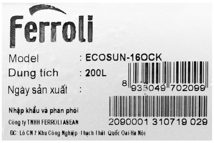 Máy nước nóng năng lượng mặt trời Ferroli Ecosun 16OCK 200 lít