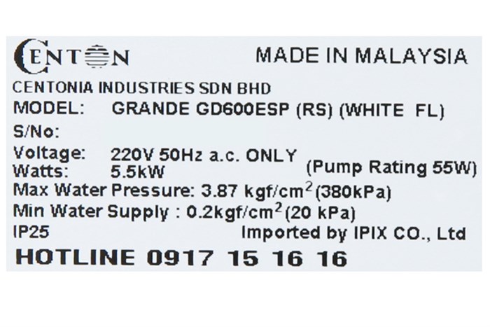 Máy nước nóng trực tiếp Centon 5500W GD600ESP RS FL Màu Trắng