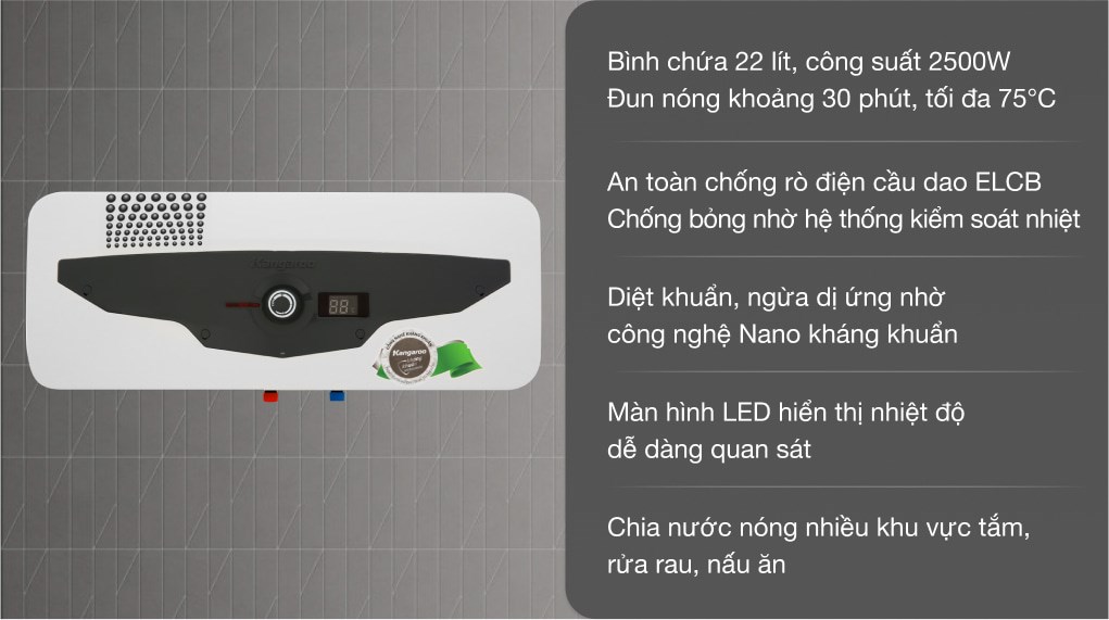 Máy nước nóng gián tiếp Kangaroo 22 lít 2500W KG 70A2