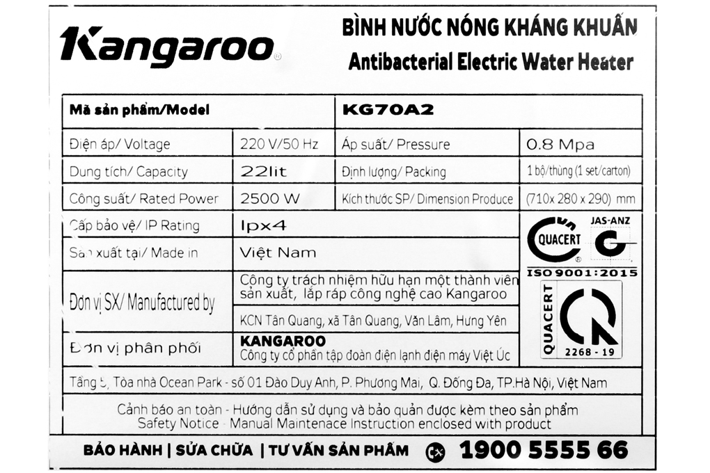 Máy nước nóng gián tiếp Kangaroo 22 lít 2500W KG 70A2 Màu Trắng