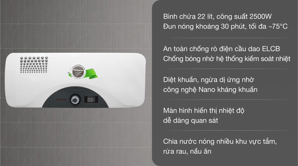 Máy nước nóng gián tiếp Kangaroo 22 lít 2500W KG 72A2