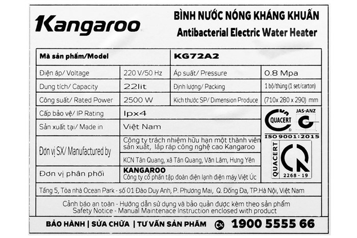 Máy nước nóng gián tiếp Kangaroo 22 lít 2500W KG 72A2 Màu Trắng