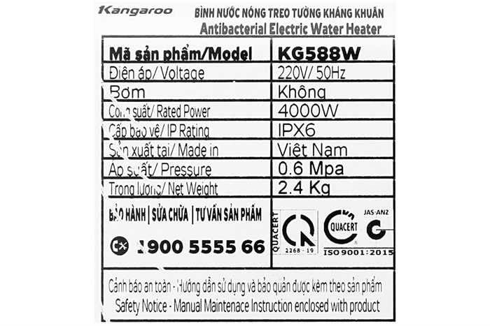 Máy nước nóng hồng ngoại Kangaroo KG588W 4000W Màu Trắng