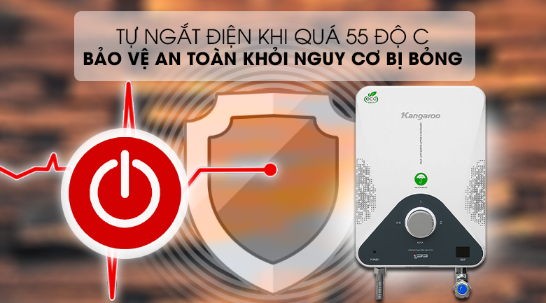 Máy nước nóng hồng ngoại Kangaroo KG588WP 4000W - An toàn, chống bỏng trên da với cơ chế tự ngắt điện khi vượt ngưỡng 55 độ C