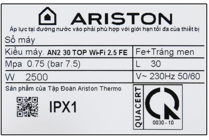 Máy nước nóng Ariston 30 lít AN2 30 TOP WIFI Màu Đen
