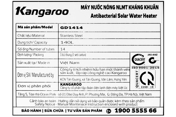 Máy nước nóng năng lượng mặt trời Kangaroo 140 lít GD1414 Màu Trắng