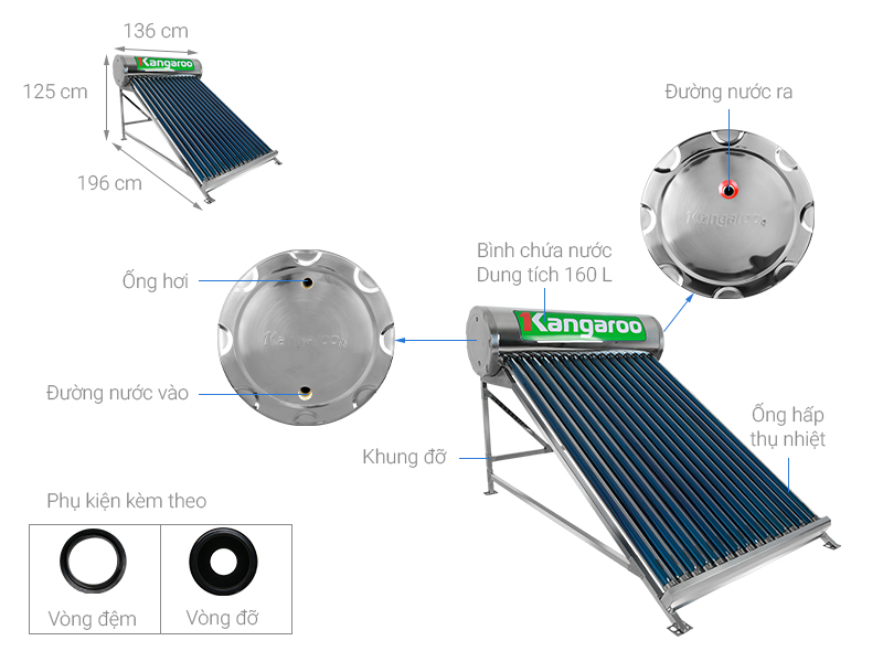 Thông số kỹ thuật Máy nước nóng năng lượng mặt trời Kangaroo GD1616 160 lít