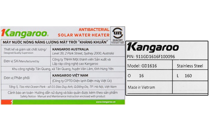Máy nước nóng năng lượng mặt trời Kangaroo 160 lít GD1616 Màu Trắng
