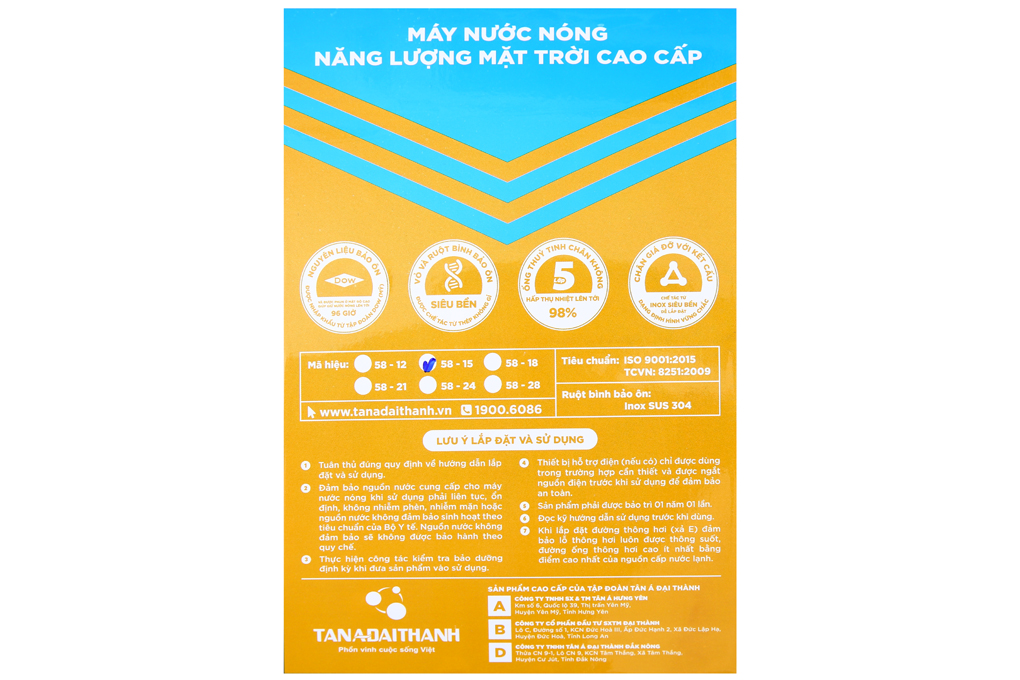 Máy nước nóng năng lượng mặt trời Đại Thành 160 lít Classic 58-15 Màu Xám