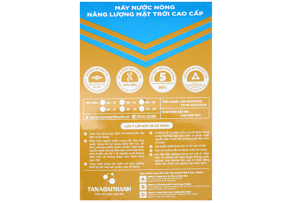 Máy nước nóng năng lượng mặt trời Đại Thành 180 lít Classic 58-18 Màu Xám