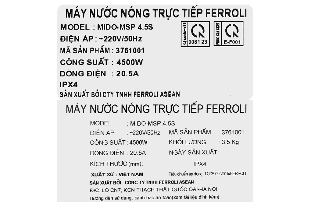 Máy nước nóng trực tiếp Ferroli 4500W MIDO-MSP 4.5S - 12