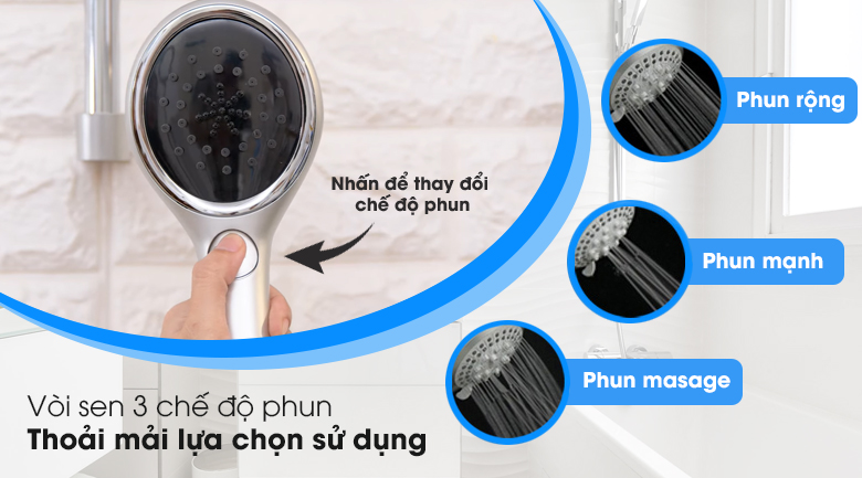 Vòi sen đi kèm gồm 3 chế độ phun khác nhau