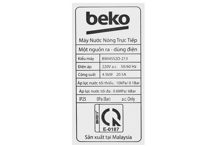 Máy nước nóng trực tiếp Beko 4500W BWI45S2D-213 Màu Trắng - Đen