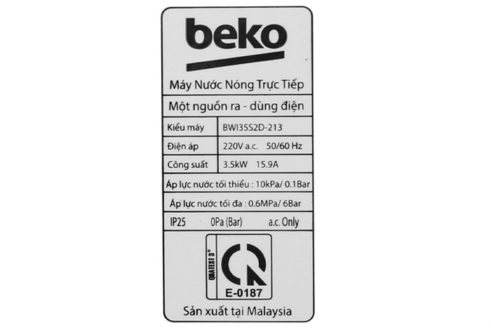 Máy nước nóng trực tiếp Beko 3500W BWI35S2D-213 Màu Trắng