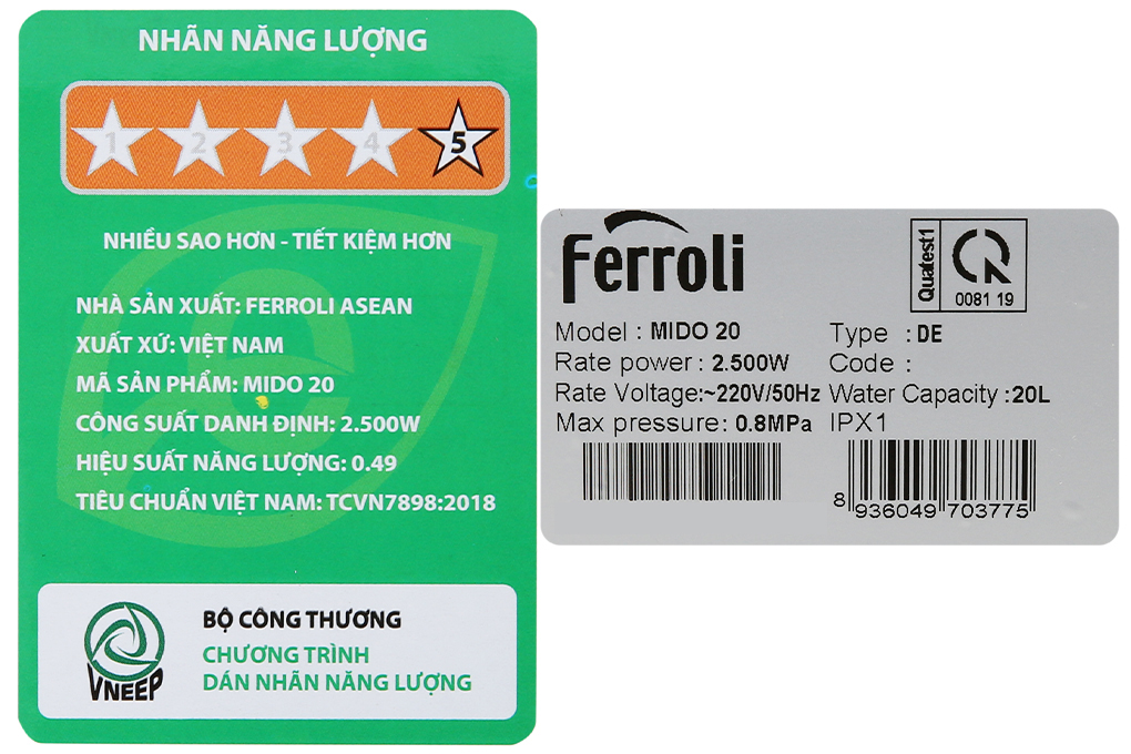 Siêu thị máy nước nóng gián tiếp Ferroli 20 lít 2500W MIDO-DE