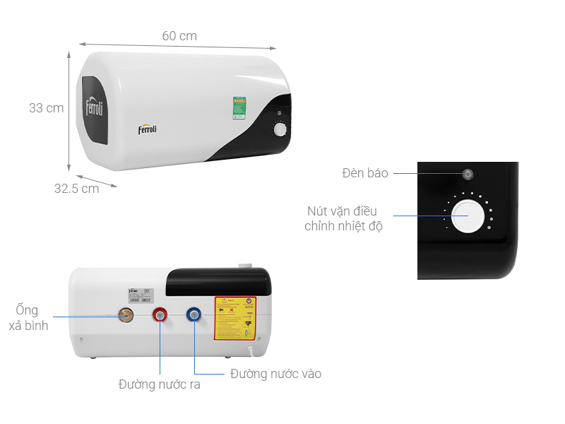 Bình nóng lạnh gián tiếp Ferroli 30 lít 2500W MIDO-DE