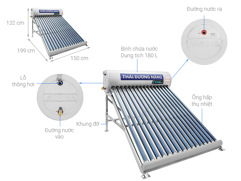 Máy nước nóng năng lượng mặt trời Sơn Hà 180 lít Titan ống Gold 58-180