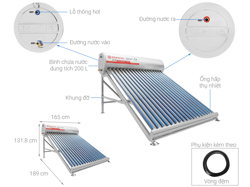 Máy nước nóng năng lượng mặt trời Sơn Hà 200 lít Titan ống Gold 58-200