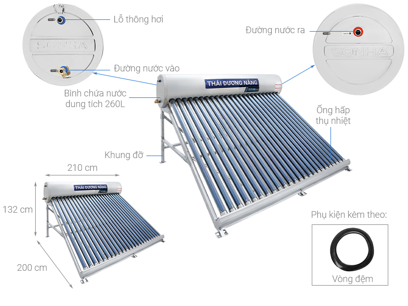 Máy nước nóng năng lượng mặt trời Sơn Hà 260 lít Titan ống Gold 58-260