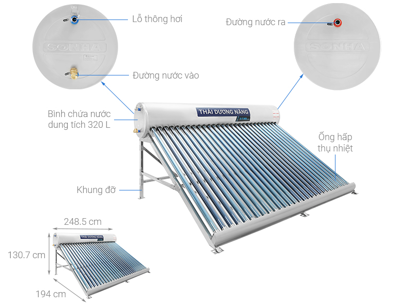 Máy nước nóng năng lượng mặt trời Sơn Hà 320 lít Titan ống Gold 58-320