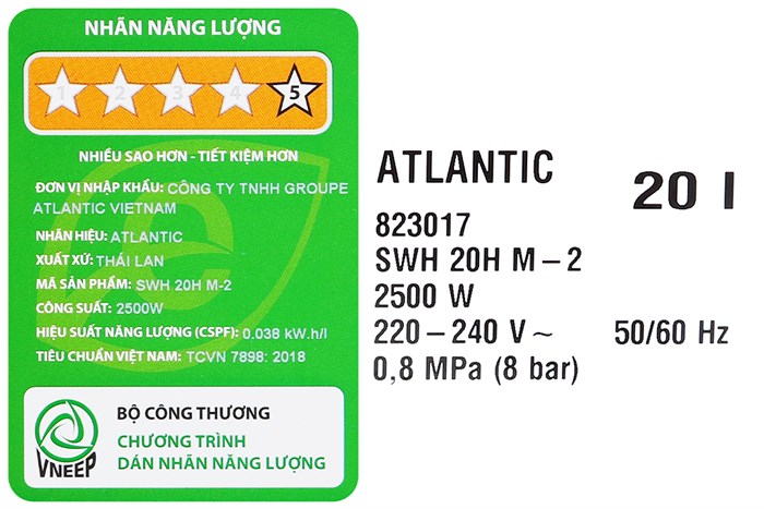 Máy nước nóng gián tiếp Atlantic 20 lít 2500W Neo Max SWH 20H M-2 823017 Màu Trắng